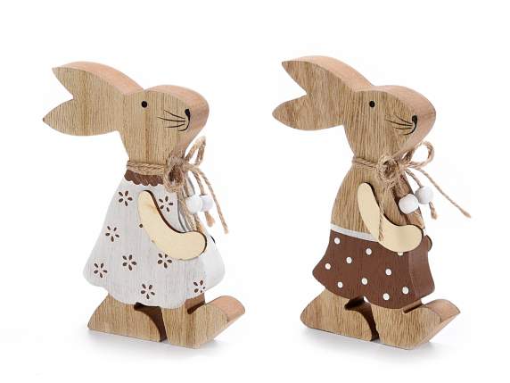 Coniglietto decorativo in legno con fiocchetto e perline