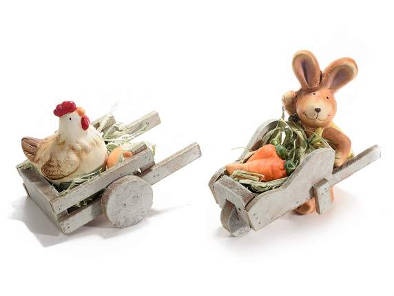 Coniglietto e gallina in terracotta con carriola