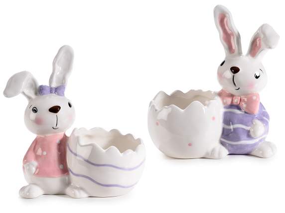 Coniglietto in ceramica con fiocco e contenitore a uovo