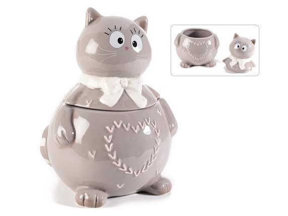 Contenitore in ceramica a gatto c/decorazione a cuore