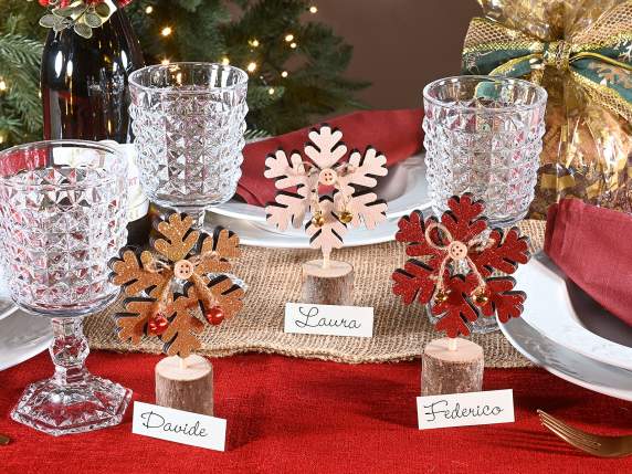 Copo de nieve de madera, campanas decorativas y purpurina