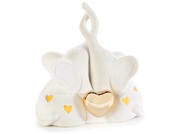 Coppia di elefantini in porcellana c/luce led e cuore dorato