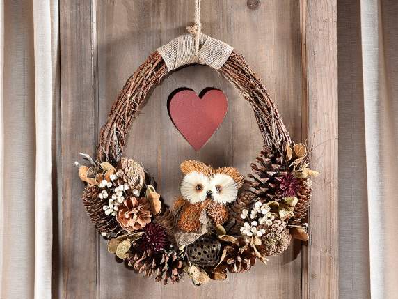 Couronne suspendue avec hibou et pommes de pin pailletées