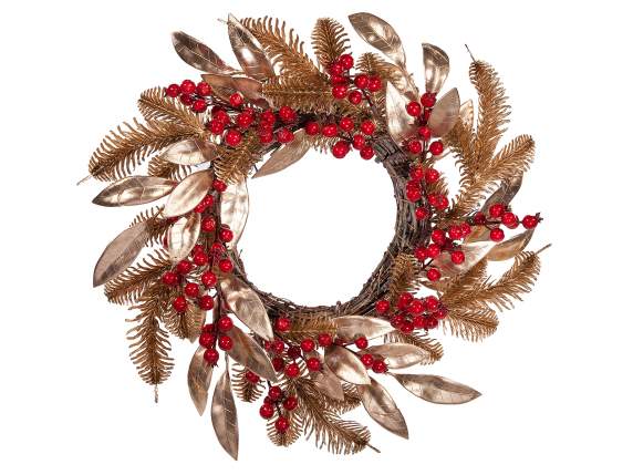 Couronne de baies rouges et de feuilles dorées