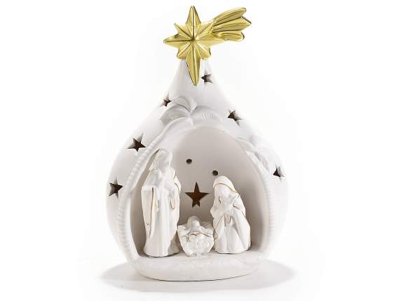 Crèche en porcelaine blanche avec détails dorés et lumières