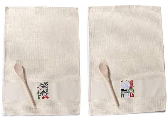 Paño cocina algodón bordado Italia con cuchara de madera