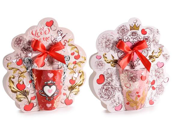 Cana de portelan de 350 ml cu decoratiuni inima si cupidon