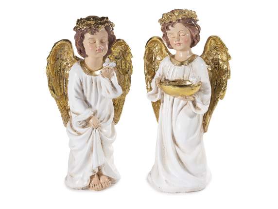 Ángel de resina con alas doradas y corona, para apoyar