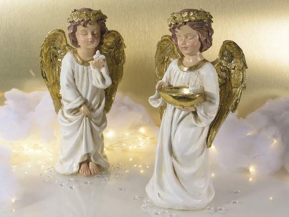 Ángel de resina con alas doradas y corona, para apoyar