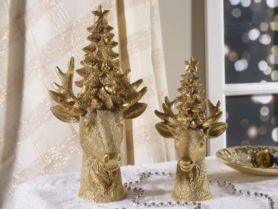 Juego de 2 renos con árbol de resina metalizada dorada para