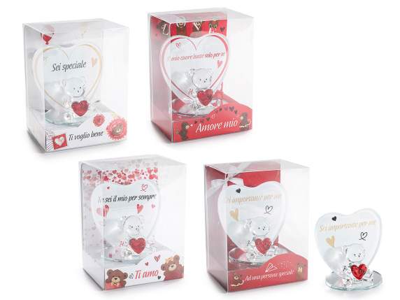 Corazón con osito y corazón de cristal rojo con dedicatoria