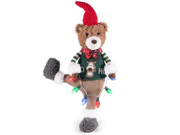 Oso de tela con suéter navideño y cadena de luces LED