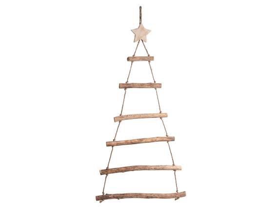 Árbol de Navidad de madera, cuerda y estrella colgante.