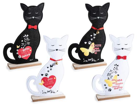 Gato tela sobre base madera con escritura y decoraciones