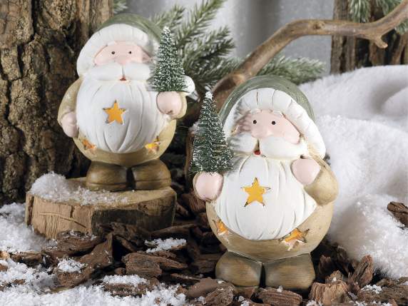 Papá Noel de terracota de colores con árbol y luces LED