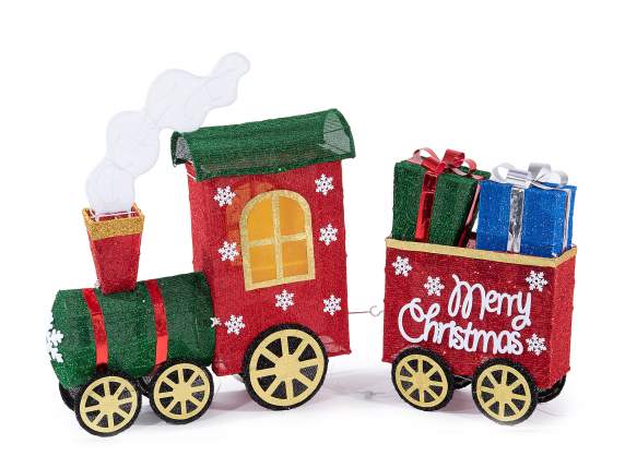Tren navideño con núcleo de metal, regalos y luces LED.