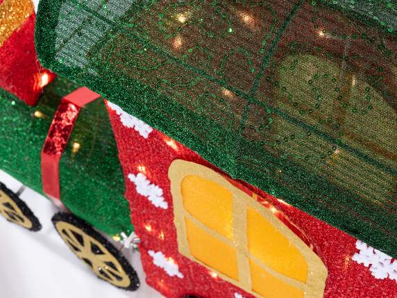 Tren navideño con núcleo de metal, regalos y luces LED.
