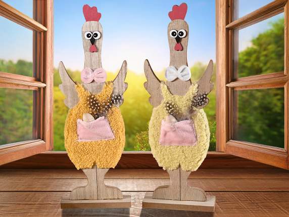 Gallina decorativa de madera con vestido suave y bolsillo