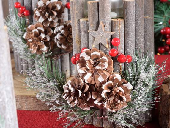 Juego 3 centros mesa madera, portavelas de cristal y adornos