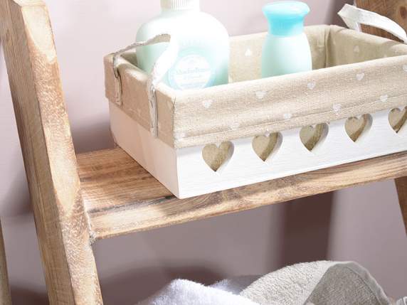 Set of 3 white wooden baskets with heart carvings and ecru f