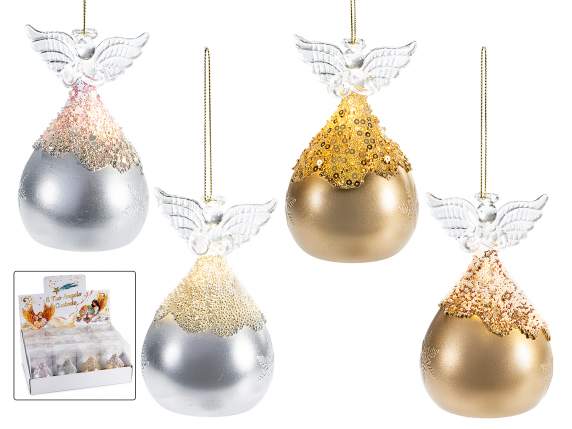 Ange en verre décoré en or et argent avec lumière LED et écr