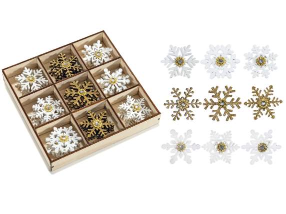 Présentoir 27 décorations en bois en forme de flocons neige