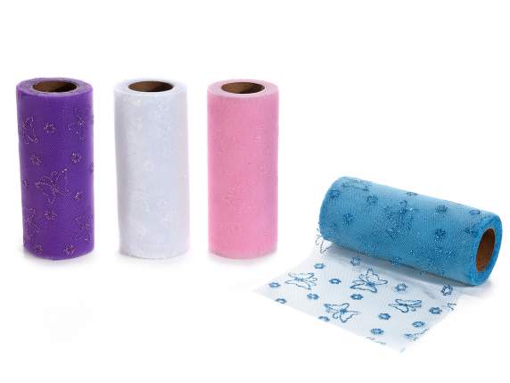 Rouleau de tulle coloré de 15 cm avec papillons pailletés