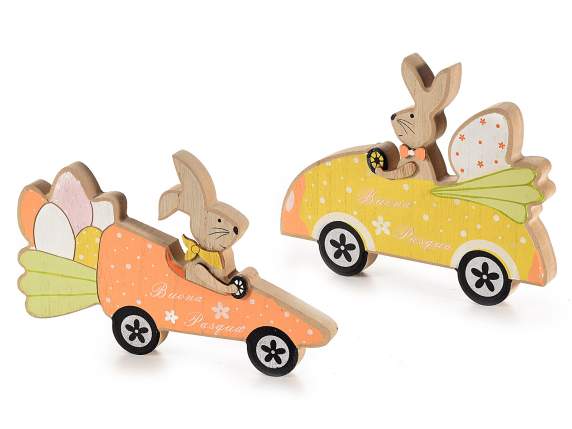 Decorative bunny on wooden car with eggs