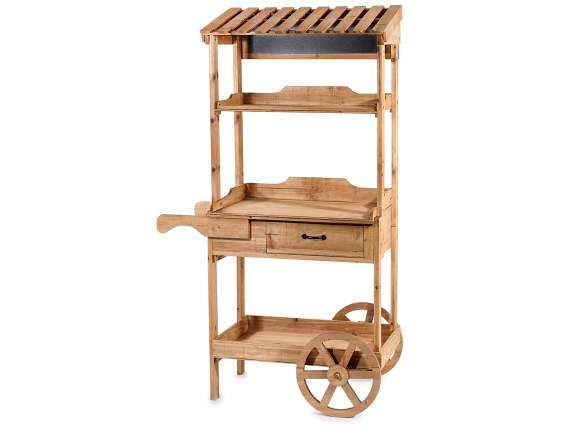 Natural wood display cart with blackboard and drawer