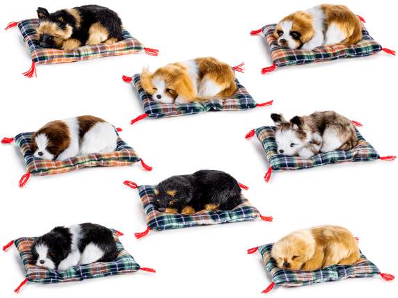 Decorative faux fur dog sleeping on the pillow