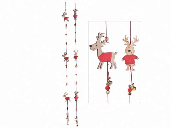 Decorative thread with wooden reindeer and bells to hang