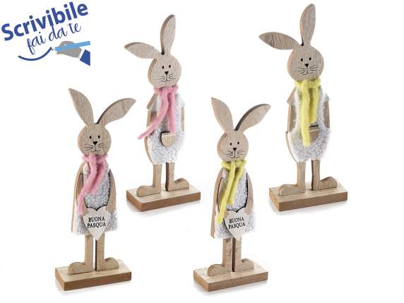 Decorative wooden rabbit with wool dress and scarf