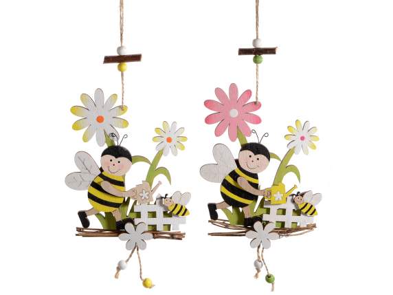 Decorazione in legno colorato con ape e fiori da appendere