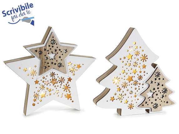 Decorazione natalizia in legno a stella ed albero con luci