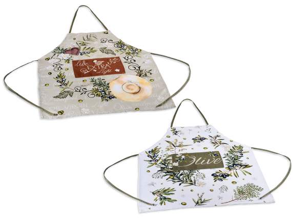 Delantal de cocina de tela con estampado de oliva y bolsillo