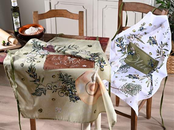 Delantal de cocina de tela con estampado de oliva y bolsillo