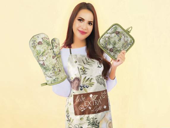 Delantal de cocina de tela con estampado de oliva y bolsillo