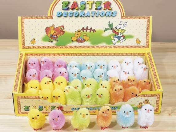 Display with 36 decorative colored chicks