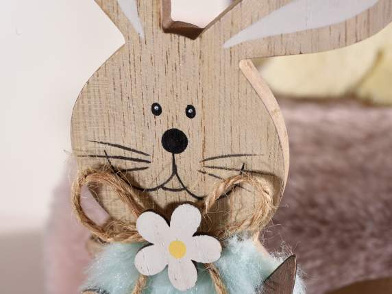 Decorative wooden rabbit with soft fur w - egg and bow