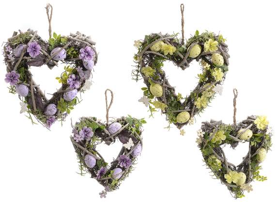 Set of 2 heart-shaped wooden garlands with eggs and flowers