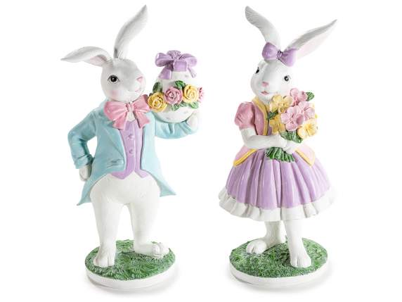 Colored resin rabbit with floral decorations