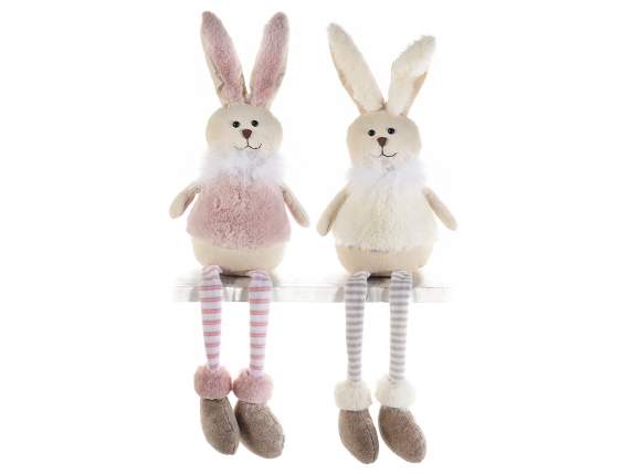 Rabbit in long-legged fabric with eco-fur dress and feathers