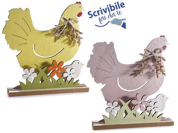 Wooden hen on flower meadow with bird and bow