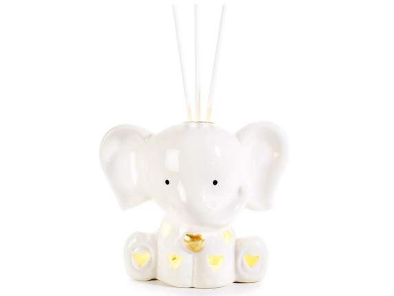 Elefantino in porcellana c/luce led, cuore dorato e stick