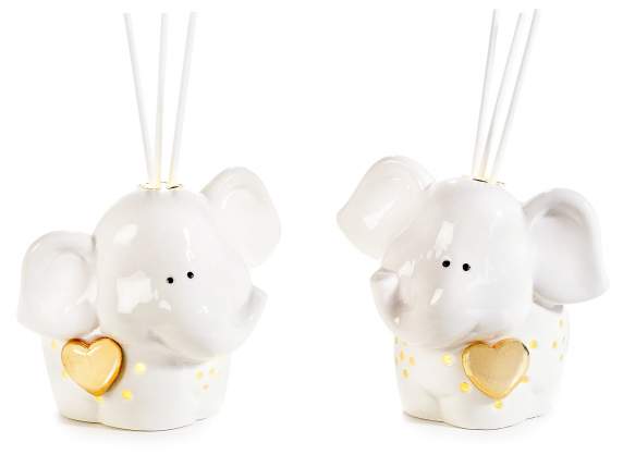 Elefantino porcellana c/luce led, cuore dorato e stick