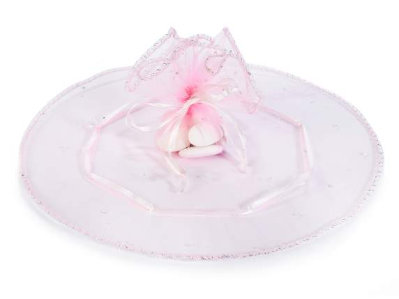 Tulle rotund din organza roz cu șnur argintiu și sclipici