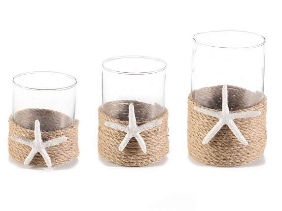 Ensemble de 3 bougeoirs en verre décorés avec étoile de mer