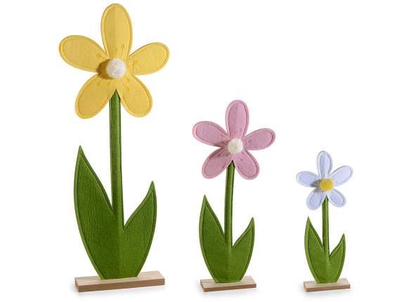Ensemble de 3 fleurs décoratives en tissu coloré sur socle e