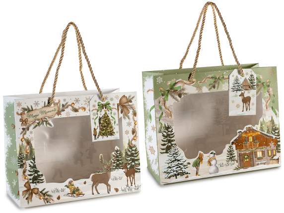 Sac-enveloppe en papier horizontal avec poignées, fenêtre et