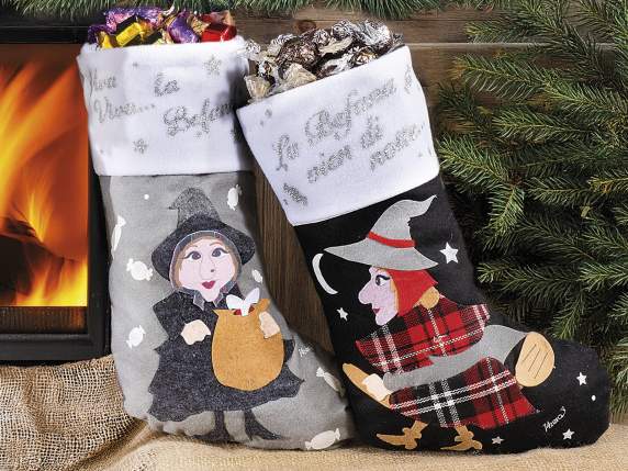 Befana cloth stocking to hang with silver writing